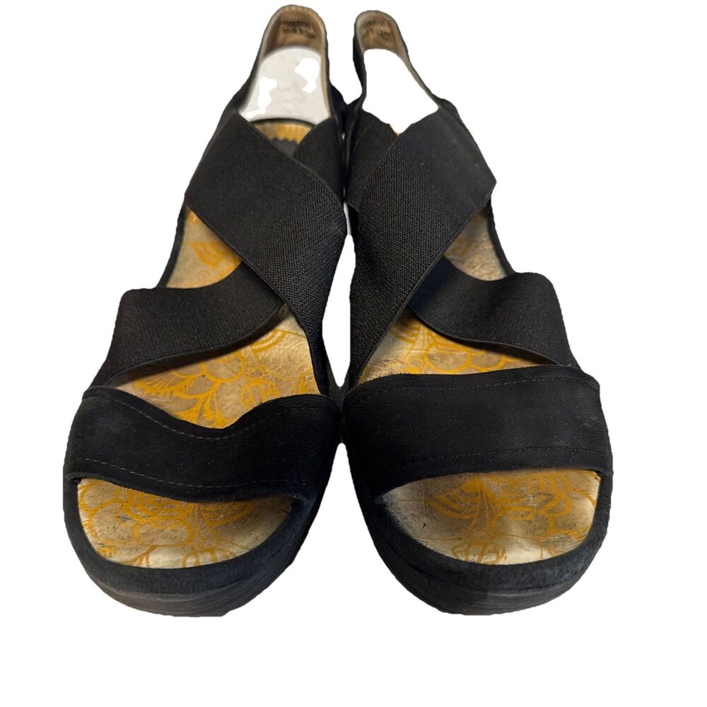 Fly London Womens Yaji Black Strappy Elastic Platform Wedge Sandals EU41 US10.5